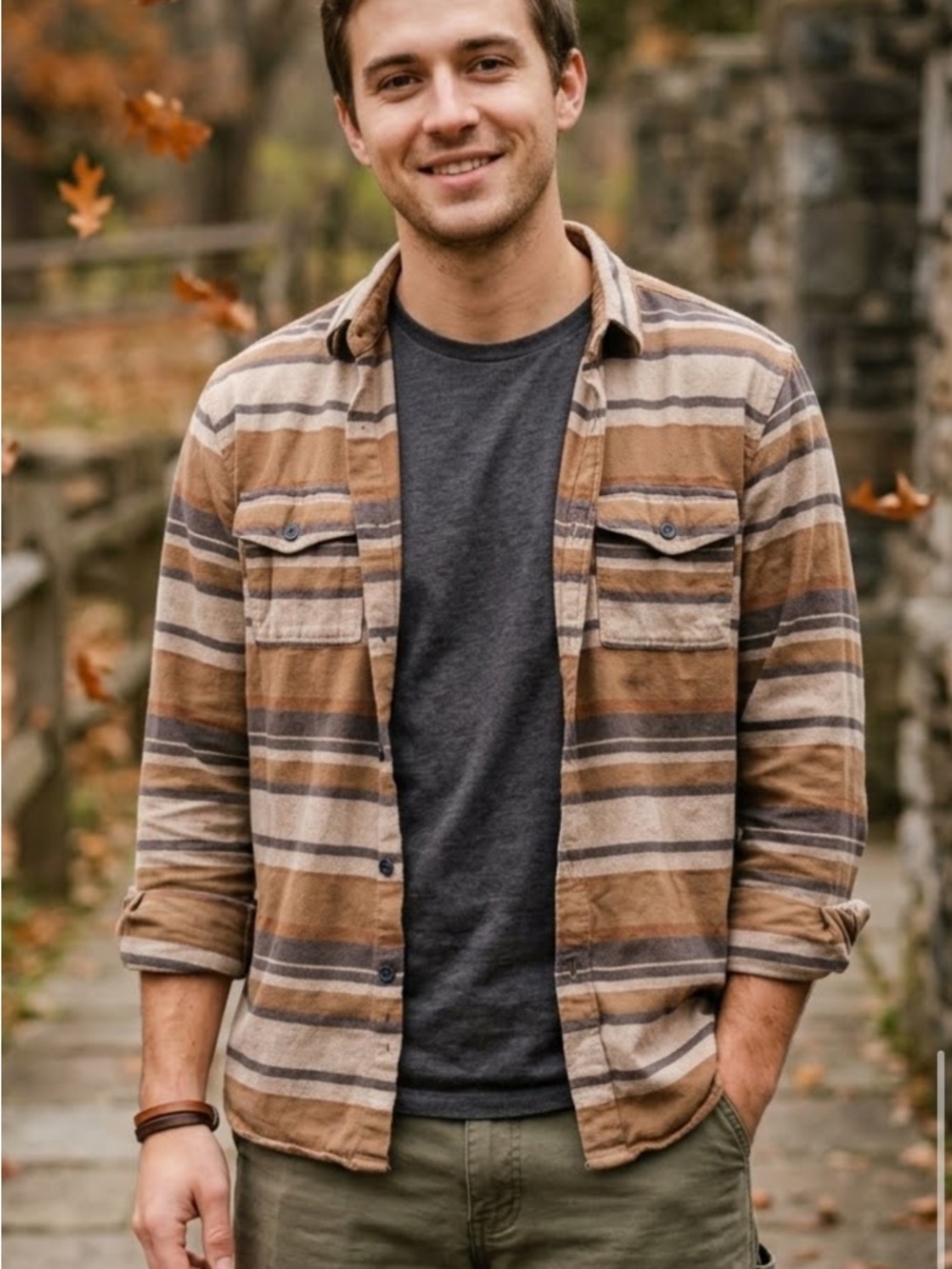 Urban Outfitters Urban Man Striped Button-Up in Brown & Tan with Gray Stripes